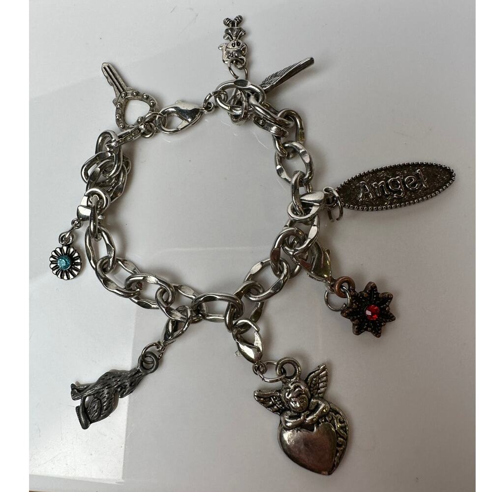 Vintage Y2K Silver Tone Charm Bracelet Women's 7" Cherub Western Coyote Floral